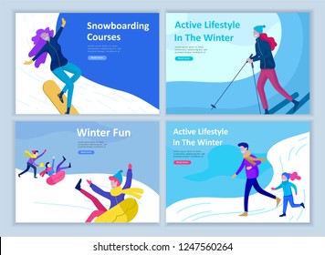 Set of Landing page templates. People dressed in winter clothes or outerwear performing outdoor activities fun. Snow festival, sledding or snowboard. Christmas family ski skating, skiing extreme sport