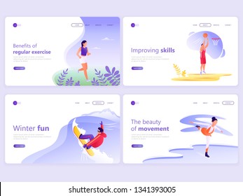 Set of Landing page templates. People doing sports, jogging, basketball, skating, snowboarding. Vector illustration for a web page or website