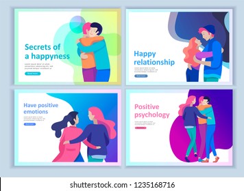 Set of Landing page templates for positive psychology, group family psychotherapy. Happy friends character have positive emotions, way to happiness and happy life munderstanding with friends and loved