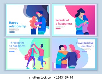 Set of Landing page templates for positive psychology, group family psychotherapy. Happy friends character have positive emotions, way to happiness and happy life munderstanding with friends and loved