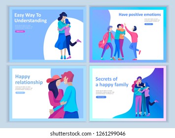 Set of Landing page templates for positive psychology, group family psychotherapy. Happy friends character have positive emotions, way to happiness and happy life munderstanding with friends and loved