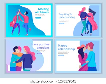 Set of Landing page templates for positive psychology, group family psychotherapy. Happy friends character have positive emotions, way to happiness and happy life munderstanding with friends and loved