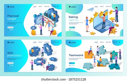 A set of landing page templates. Rating Agency, SEO promotion, Teamwork.Templates for use in mobile app development.Flat vector illustration.