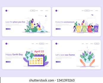 Set of Landing page templates. Save the planet, Happy Earth Day, save energy, ecology, world environment day concept. Flat vector illustration concepts for a web page or website