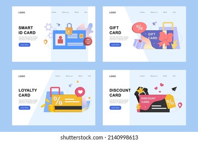 Set Of Landing Page Templates For Smart ID Card, Loyalty Program, Discount Card, Voucher, Gift Card, Coupon, Earn Points, Gift Certificate. Flat Vector Illustration For Sale, Bonus, Promotion Strategy