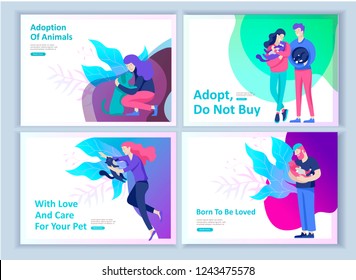 Set of Landing Page Templates with Vector Symbol. Happy people with their pets, a cat loves its owners, care and love, a pet shop and a veterinary pharmacy. Animal Day and adoption. Vector