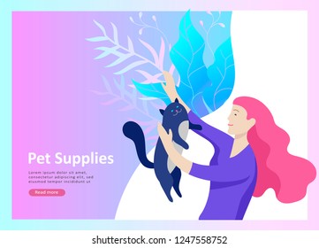 Set of Landing Page Templates with Vector Symbol. Happy people with their pets, a cat loves its owners, care and love, a pet shop and a veterinary pharmacy. Animal Day and adoption. Vector