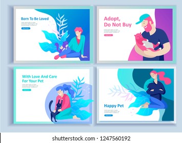 Set of Landing Page Templates with Vector Symbol. Happy people with their pets, a cat loves its owners, care and love, a pet shop and a veterinary pharmacy. Animal Day and adoption. Vector