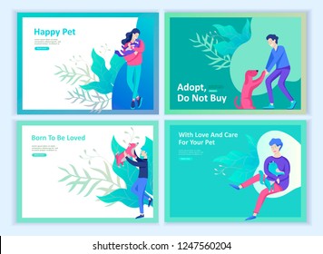 Set of Landing Page Templates with Vector Symbol. Happy people with their pets, a cat loves its owners, care and love, a pet shop and a veterinary pharmacy. Animal Day and adoption. Vector