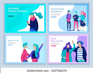 Set of Landing page templates. Vector people happy friends character teenagers with gadgets are walking and chatting, meet new people, chat with old friends and make new. Colorful flat illustration