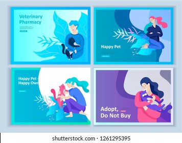 Set of Landing Page Templates with Vector Symbol. Happy people with their pets, a cat loves its owners, care and love, a pet shop and a veterinary pharmacy. Animal Day and adoption. Vector