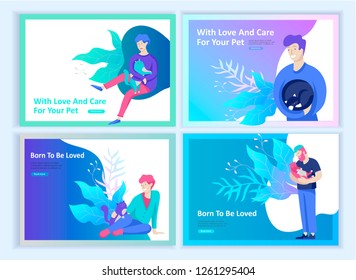 Set of Landing Page Templates with Vector Symbol. Happy people with their pets, a cat loves its owners, care and love, a pet shop and a veterinary pharmacy. Animal Day and adoption. Vector