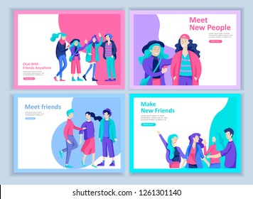 Set of Landing page templates. Vector people happy friends character teenagers with gadgets are walking and chatting, meet new people, chat with old friends and make new. Colorful flat illustration