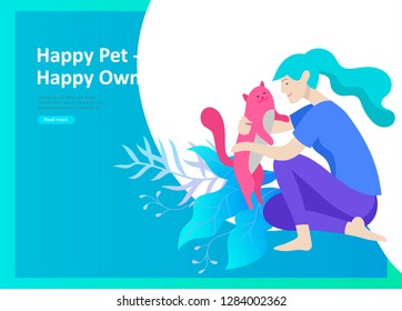 Set of Landing Page Templates with Vector Symbol. Happy people with their pets, a cat loves its owners, care and love, a pet shop and a veterinary pharmacy. Animal Day and adoption. Vector