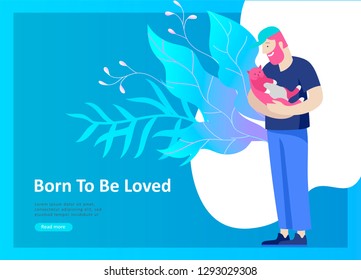 Set of Landing Page Templates with Vector Symbol. Happy people with their pets, a cat loves its owners, care and love, a pet shop and a veterinary pharmacy. Animal Day and adoption. Vector