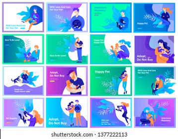 Set of Landing Page Templates with Vector Symbol. Happy people with their pets, a cat loves its owners, care and love, a pet shop and a veterinary pharmacy. Animal Day and adoption. Vector