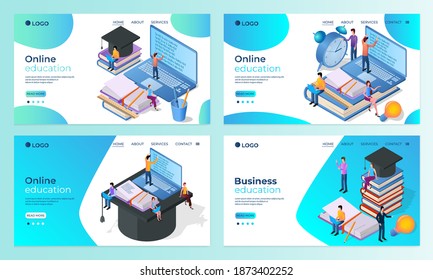 Un conjunto de plantillas de página de inicio.Educación en línea.Plantillas para el desarrollo de aplicaciones móviles.Ilustración vectorial plana.