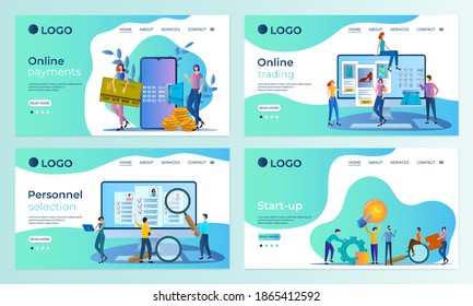 A set of landing page templates.Online payments, Online purchases, recruitment,Start-up. Templates for use in mobile app development.Flat vector illustration.