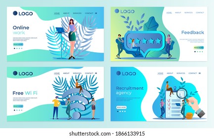 A set of landing page templates.Online work,Feedback, Free WI-FI, recruitment.Templates for use in mobile app development.Flat vector illustration.