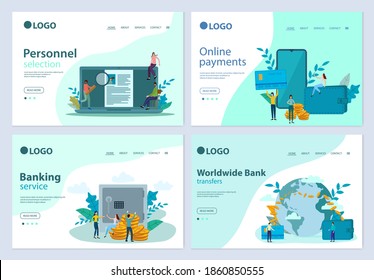 A set of landing page templates.Recruitment,online payments, banking operations.Templates for use in mobile app development.Flat vector illustration.