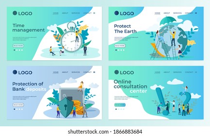 A Set Of Landing Page Templates.Time Management, Land Protection, Bank Data Protection, Online Consultations.Templates For Use In Mobile App Development.Flat Vector Illustration.