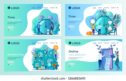 A set of landing page templates.Time management, Brainstorming, Online calculation.Templates for use in mobile app development.Flat vector illustration.