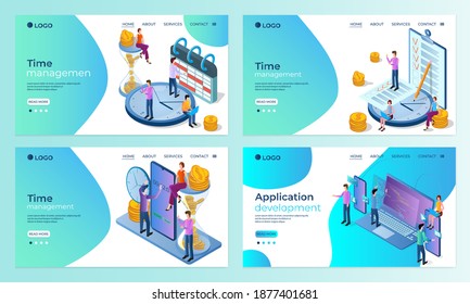 A set of landing page templates.Time management, application Development.Templates for use in mobile app development.Flat vector illustration.