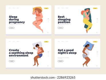 Set of landing page with tips for best sleeping position and bedding accessories during pregnancy