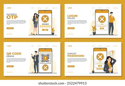Set of landing page verification failed illustrations concepts Forgot password Login failed Incorrect otp QR code error