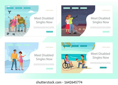Set of Landing page for Virtual relationships, online dating, and social networking of disabled people. Flat Art Vector Illustration