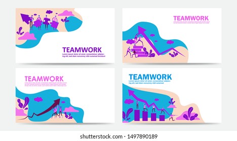 Set of landing page and web page teamwork concept. Flat people characters working together and holding graph arrow on the way to success. Use for SEO, Web Design, Ui Development, mobile app. - Vector