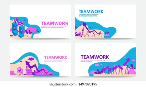 Set of landing page and web page teamwork concept. Flat people characters working together and holding graph arrow on the way to success. Use for SEO, Web Design, Ui Development, mobile app. - Vector
