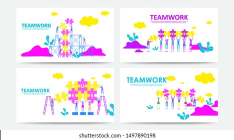 Set of landing page and web page teamwork concept with puzzle. Flat people connecting success text on jigsaw. Can use for template, Ui Development, web, mobile app, poster, banner, flyer. - Vector