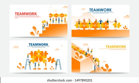 Set of landing page and web page teamwork concept with puzzle. Flat people connecting success text on jigsaw. Can use for template, Ui Development, web, mobile app, poster, banner, flyer. - Vector