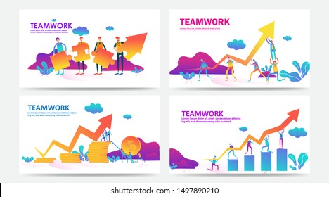 Set of landing page and web page teamwork concept. Flat people characters working together and holding graph arrow on the way to success. Use for SEO, Web Design, Ui Development, mobile app. - Vector