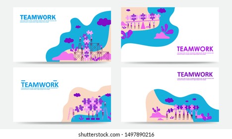 Set of landing page and web page teamwork concept with puzzle. Flat people connecting success text on jigsaw. Can use for template, Ui Development, web, mobile app, poster, banner, flyer. - Vector