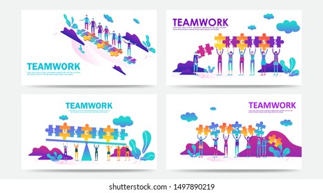Set of landing page and web page teamwork concept with puzzle. Flat people connecting success text on jigsaw. Can use for template, Ui Development, web, mobile app, poster, banner, flyer. - Vector