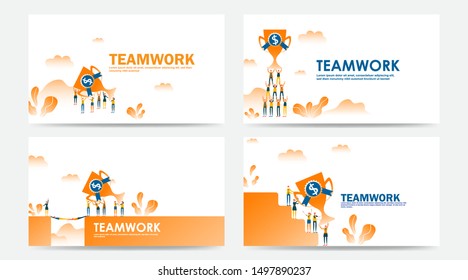Set of landing page and web page teamwork winner prize. Businessman and entrepreneur holding trophy for success goal to stand on podium. Symbol of work hard to successful career. Home page - Vector
