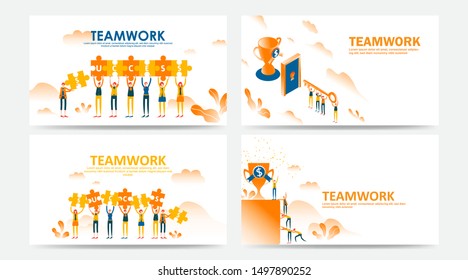 Set of landing page and web page teamwork concept with trophy. Flat people connecting success text on puzzle. Can use for template, Ui Development, web, mobile app, poster, banner, flyer. - Vector