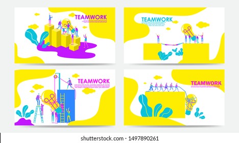 Set of Landing page and web page with teamwork concept. Vector creative illustration of business graphics people,search for new ideas. Use for SEO, Web Design, Ui Development, business app. - Vector