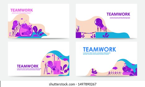 Set of Landing page and web page with teamwork concept. Vector creative illustration of business graphics people,search for new ideas. Use for SEO, Web Design, Ui Development, business app. - Vector
