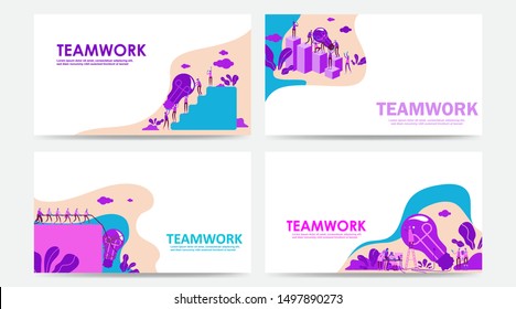 Set of Landing page and web page with teamwork concept. Vector creative illustration of business graphics people,search for new ideas. Use for SEO, Web Design, Ui Development, business app. - Vector