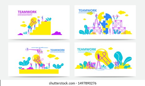Set of Landing page and web page with teamwork concept. Vector creative illustration of business graphics people,search for new ideas. Use for SEO, Web Design, Ui Development, business app. - Vector