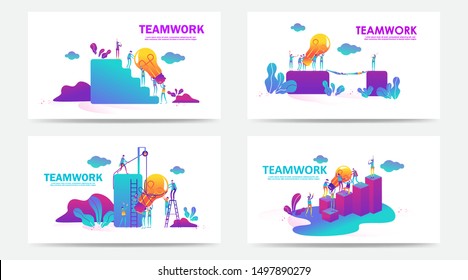 Set of Landing page and web page with teamwork concept. Vector creative illustration of business graphics people,search for new ideas. Use for SEO, Web Design, Ui Development, business app. - Vector