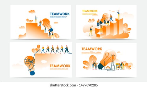 Set of Landing page and web page with teamwork concept. Vector creative illustration of business graphics people,search for new ideas. Use for SEO, Web Design, Ui Development, business app. - Vector