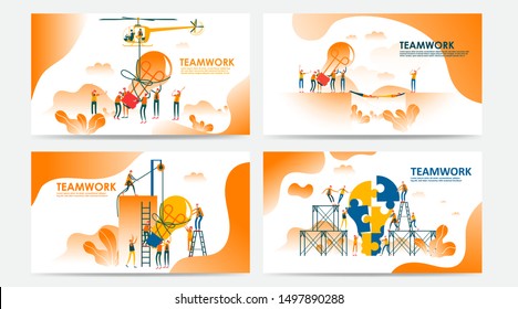 Set of Landing page and web page with teamwork concept. Vector creative illustration of business graphics people,search for new ideas. Use for SEO, Web Design, Ui Development, business app. - Vector