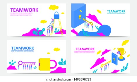 Set of landing page and web page teamwork concept. Businessman and entrepreneur go to the padlock with a key.Group of people lifting key to success. symbol of business solution and security. - Vector