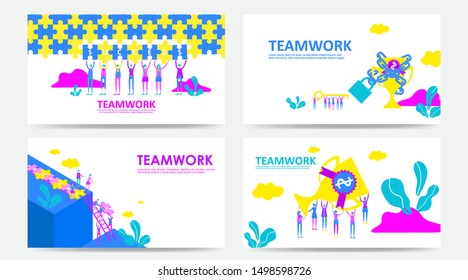 Set of landing page and web page teamwork concept with trophy. Flat people connecting success text on puzzle. Can use for template, Ui Development, web, mobile app, poster, banner, flyer. - Vector