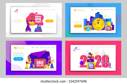 Set of Landing pages 2020 Happy New Year and Merry Christmas.
Trendy and minimalistic card or background for Sale. 
Modern Cartoon Flat Design Concept for Website, Mobile app, Onboard screen. Vector
