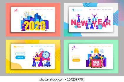 Set of Landing pages 2020 Happy New Year and Merry Christmas.
Trendy and minimalistic card or background for Sale. 
Modern Cartoon Flat Design Concept for Website, Mobile app, Onboard screen. Vector
